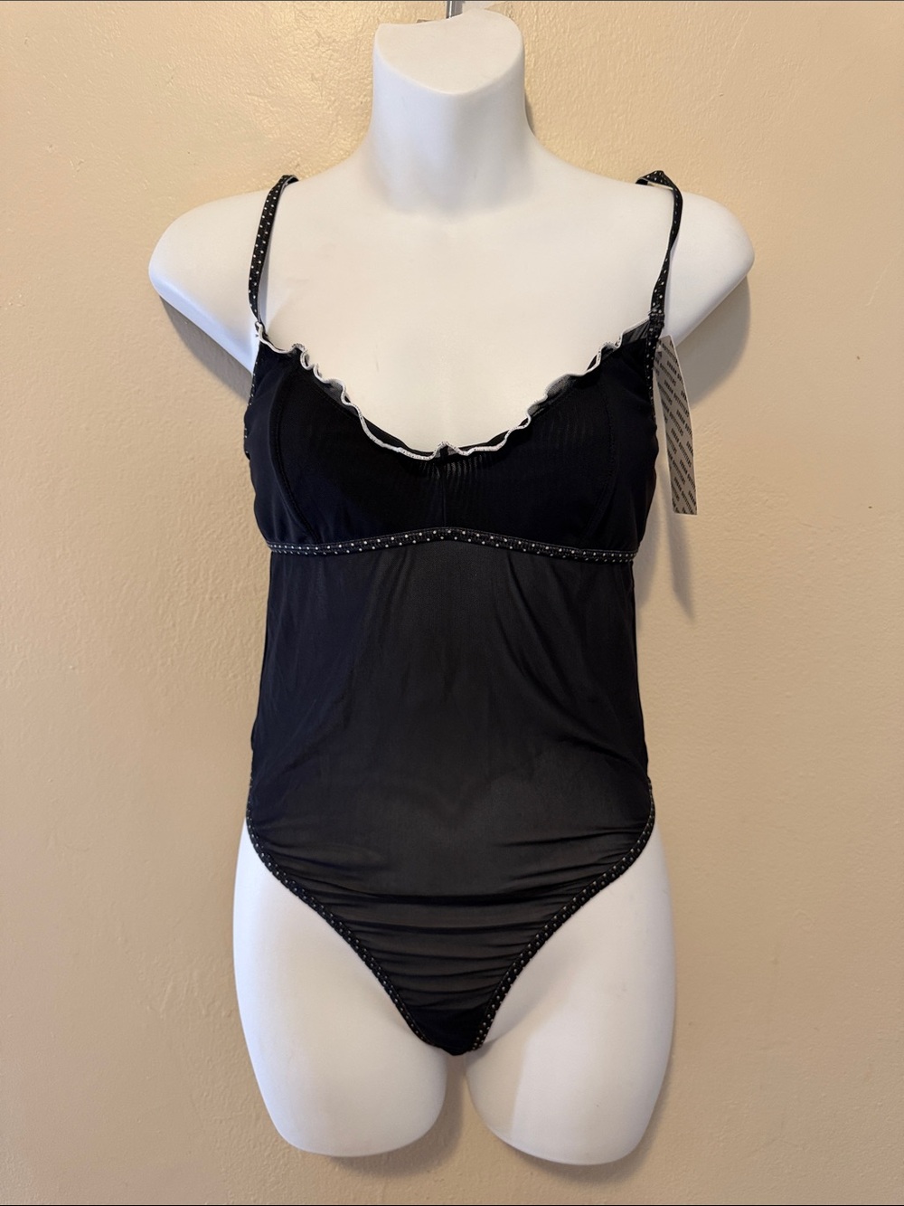 Urban Outfitters Black Sheer Ruffle-Trim Chemise Bodysuit with White Edge